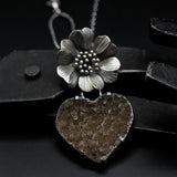 Brown Druzy in Heart shape pendant necklace with silver flower on sterling silver chain