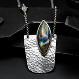 Marquise cabochon labradorite pendant necklace in bezel setting with sterling silver semi-oval shape on silver chain