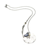 Marquise Iolite, moonstone and blue sapphire pendant necklace set in silver textured circle shape with sterling silver chain