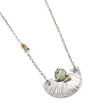 Round Turquoise gemstone pendant necklace with silver fan shape on sterling silver chain