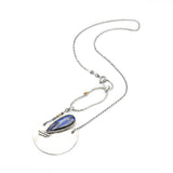 Teardrop Labradorite pendant necklace with silver semi-circle in matte finish brush texture on sterling silver chain