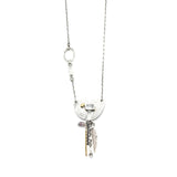 Princess cut blue topaz and semi-oval shape pendant necklace with Amethyst beads, silver leaf and silver chain decoration