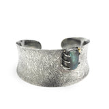 Sterling silver cuff bangle bracelet with oxidized textured and decorated with rectangle labradorite and brass beads
