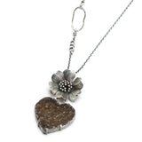 Brown Druzy in Heart shape pendant necklace with silver flower on sterling silver chain