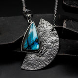 Triangle cabochon Labradorite necklace with silver fan shape on sterling silver chain