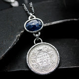 Oval blue kyanite pendant necklace and 1945 British India King George VI Silver Half Rupee coin with sterling silver chain