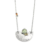 Round Turquoise gemstone pendant necklace with silver fan shape on sterling silver chain