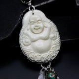 Hand Carved Bone Happy Buddha pendant necklace with Labradorite, turquoise, silver leaf and silver chain decoration