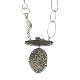 Antique Thai bullet money necklace with Druzy, freshwater pearls and iolite on sterling silver chain