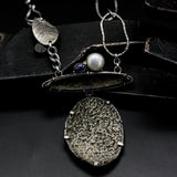 Antique Thai bullet money necklace with Druzy, freshwater pearls and iolite on sterling silver chain