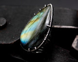 Large teardrop Labradorite ring in silver bezel and prongs setting with sterling silver skeleton multi wrap band