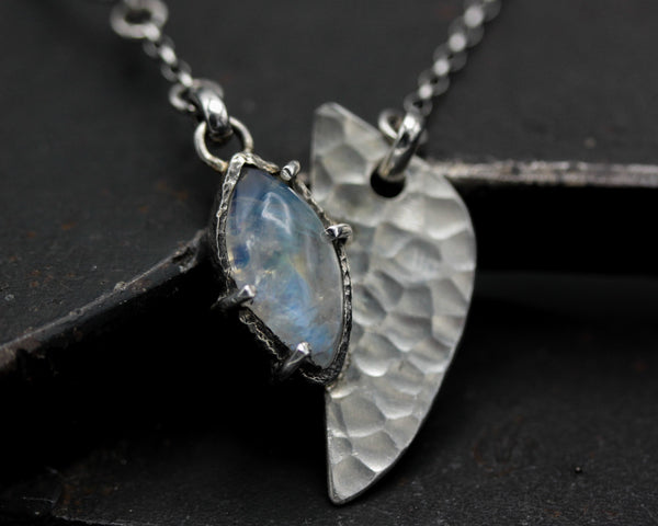 Marquise cabochon Moonstone pendant necklace with silver semi-oval shape hammer texture technique