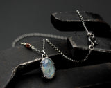 Oval Rainbow Moonstone pendant necklace in sterling silver bezel and prongs setting on sterling silver chain