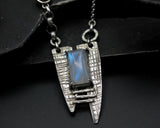 Rectangle Moonstone pendant necklace in silver bezel and prongs setting with silver triangle engraving