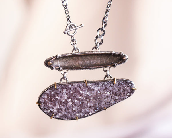 Antique Thai bullet money necklace with Purple Druzy on sterling silver chain
