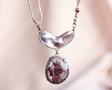 Large Red Druzy pendant necklace with Mother of pearls on sterling silver chain