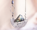 Silver fan pendant necklace with triangle Labradorite gemstone on sterling silver chain