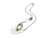 Teardrop black Rutilated pendant necklace with semi-oval silver plate on oxidized sterling silver chain
