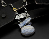 Oval Blue agate, natural blue kyanite and iolite pendant necklace with oxidized sterling silver chain