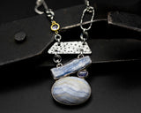 Oval Blue agate, natural blue kyanite and iolite pendant necklace with oxidized sterling silver chain
