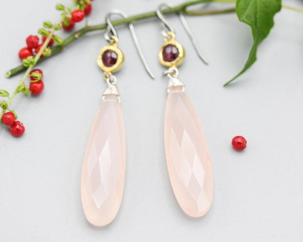 Pink chalcedony teardrop faceted earrings with garnet on oxidized sterling silver hooks style