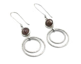 Moss agate earrings with silver double circle loop on oxidized sterling silver hooks