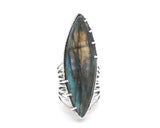 Marquis blue/gray Labradorite ring in silver bezel and prongs setting with sterling silver skeleton multi wrap band