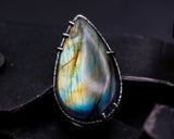 Large teardrop Labradorite ring in silver bezel and prongs setting with sterling silver skeleton multi wrap band