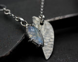 Marquise cabochon Moonstone pendant necklace with silver semi-oval shape hammer texture technique