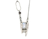 Rectangle Moonstone pendant necklace in silver bezel and prongs setting with silver triangle engraving