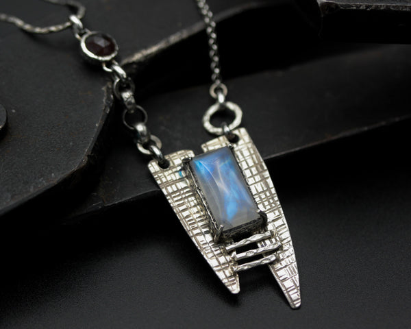 Rectangle Moonstone pendant necklace in silver bezel and prongs setting with silver triangle engraving