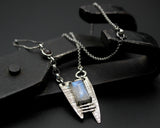 Rectangle Moonstone pendant necklace in silver bezel and prongs setting with silver triangle engraving