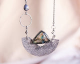 Silver fan pendant necklace with triangle Labradorite gemstone on sterling silver chain