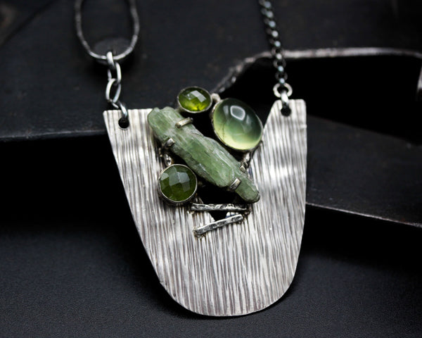 Natural green Kyanite pendant necklace, oval kyanite, oval peridot and round serpentine with semi-oval silver plate on sterling silver chain