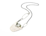 Green Amethyst pendant necklace serpentine and tiny peridot with semi oval silver plate on sterling silver chain