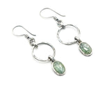 Oval mint kyanite earrings in silver bezel setting with silver hammered texture circle loop on hooks style