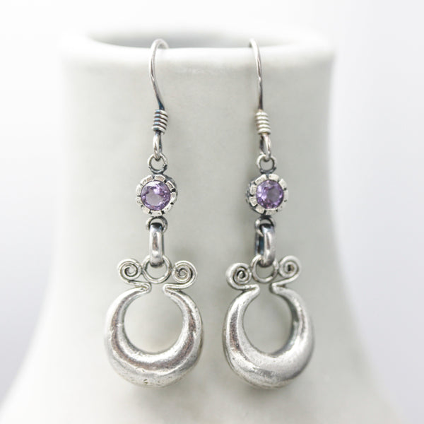 Silver pot luck coin earrings with Amethyst gemstone and hooks style on the top