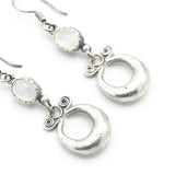 Silver pot luck coin earrings with Moonstone gemstone and hooks style on the top