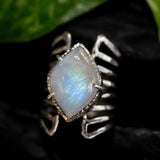 Marquise Moonstone ring in silver bezel and prongs setting with sterling silver skeleton multi wrap band