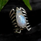 Teardrop Moonstone ring in silver bezel and prongs setting with sterling silver skeleton multi wrap band