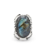 Oval blue Labradorite ring in silver bezel and prongs setting with sterling silver skeleton multi wrap band