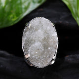 Gray druzy ring in silver bezel and prongs setting with sterling silver skeleton multi wrap band
