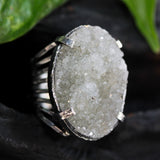 Gray druzy ring in silver bezel and prongs setting with sterling silver skeleton multi wrap band