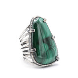 Malachite gemstone ring in silver bezel and prongs setting with skeleton hammered texture band