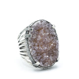 Brown Brazilian druzy ring in silver bezel and prongs setting with sterling silver skeleton band