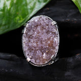 Brown Brazilian druzy ring in silver bezel and prongs setting with sterling silver skeleton band