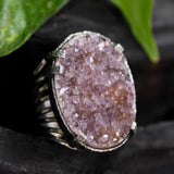 Brown Brazilian druzy ring in silver bezel and prongs setting with sterling silver skeleton band