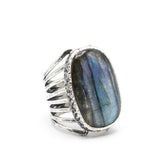 Rectangle Labradorite ring in silver bezel setting with sterling silver skeleton multi wrap band