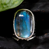 Rectangle Labradorite ring in silver bezel setting with sterling silver skeleton multi wrap band