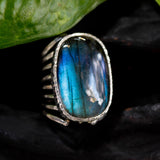 Rectangle Labradorite ring in silver bezel setting with sterling silver skeleton multi wrap band